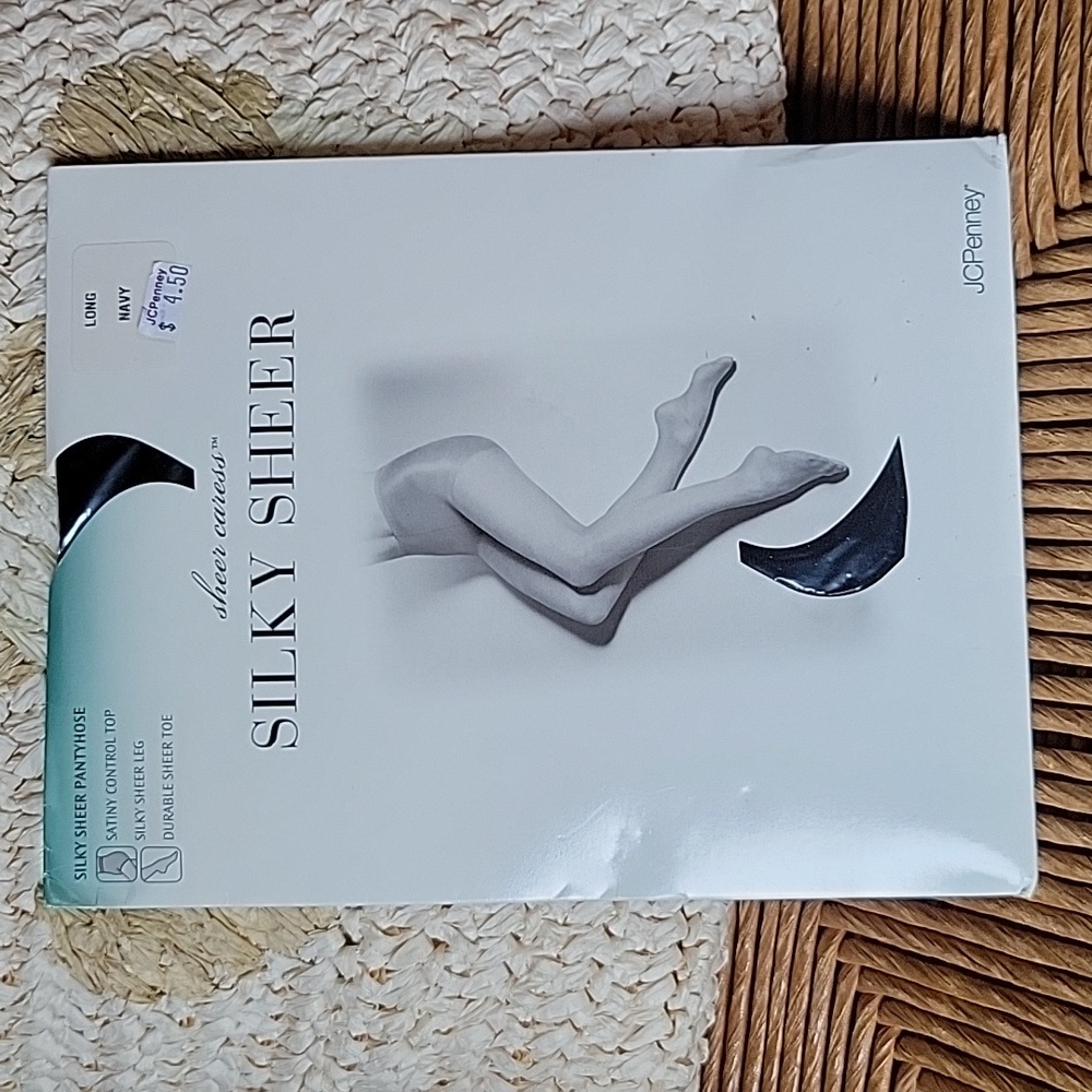 JCPenney sheer caress, silky sheer, control top pantyhose,  size Long, navy
